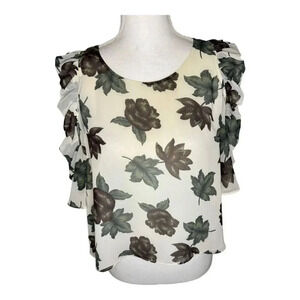 Avec Les Filles Women’s Medium White Floral Print Short Sleeve Cold Shoulder Top